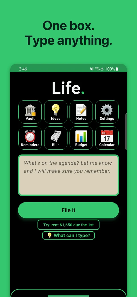 Life's home screen: one text box and tiles for notes, bills, budget, reminders and lists.