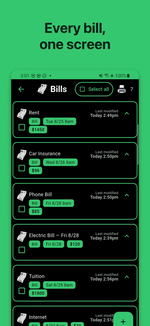 The bills screen listing rent, car insurance, phone, electric, tuition and internet with due dates and amounts.