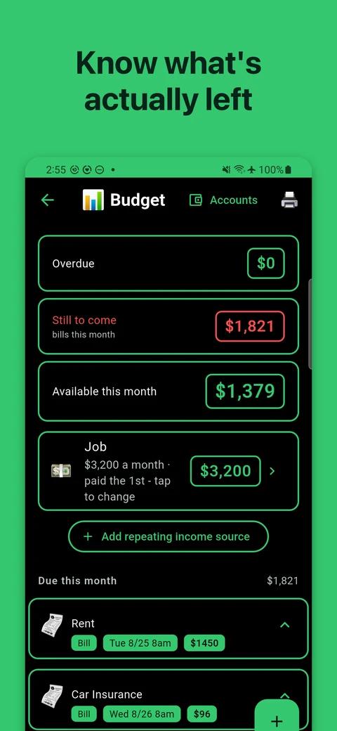 Budget screen showing nothing overdue, bills still to come, and the amount available this month.