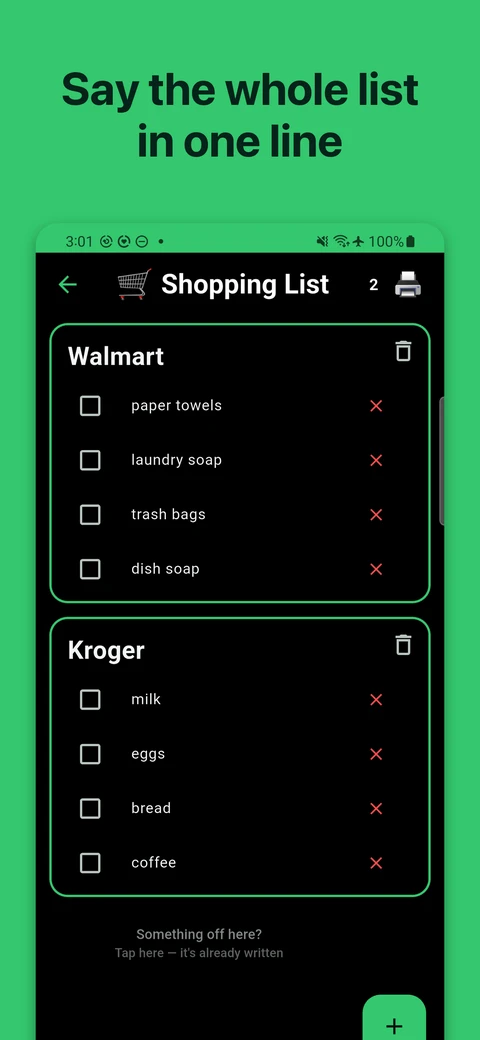 Two shopping lists, Walmart and Kroger, each with items to tick off.