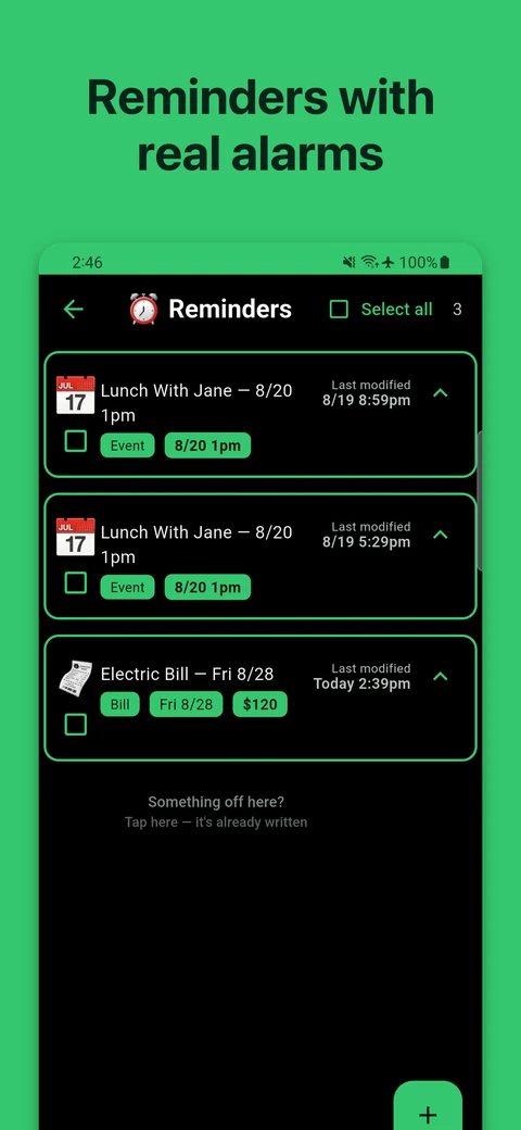 Reminders screen showing scheduled events and a bill with its due date.